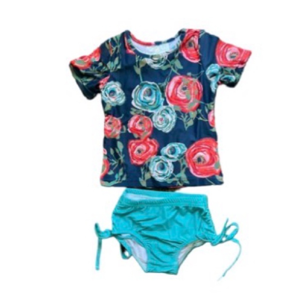 Girls Floral Short-Sleeve Rash Guard Swim Set - Navy & Teal